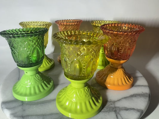 Set of 6 Coloured Pressed Glasses with Metal Base | Tealight Candle Holders |