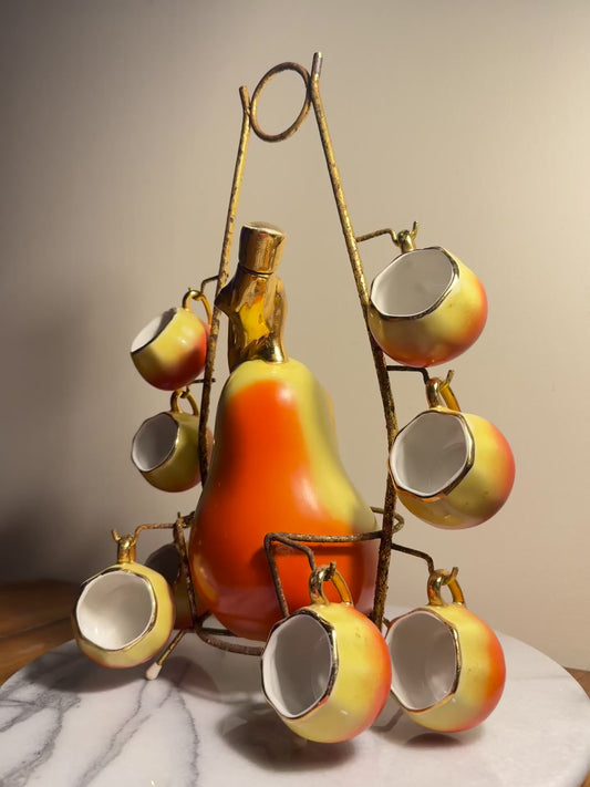 French Pear Liqueur Decanter Set with Stand & Cup Holder | Vintage Retro Quirky Barware |